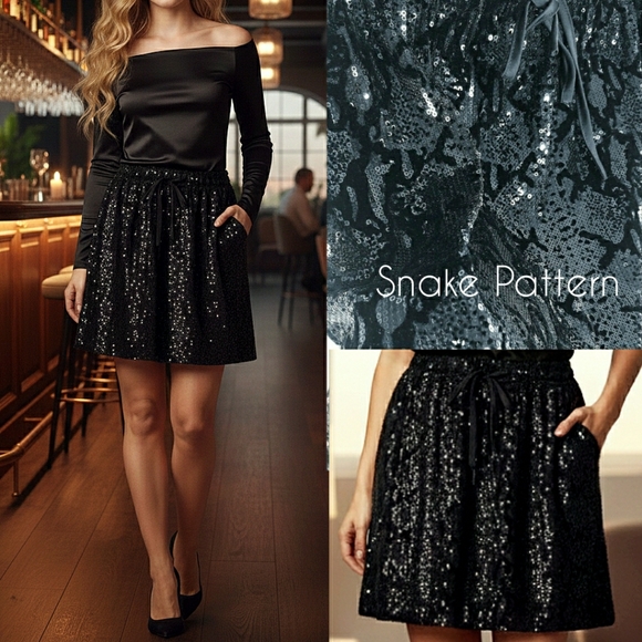 NEW Sequin Snake Velvet Skirt🖤Stretchy Waist|Above Knee - Picture 3 of 6
